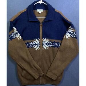 Haband Vintage Fair Isle Full Zip Grandpa Dad Ramie Size Large Sweater Brown VTG